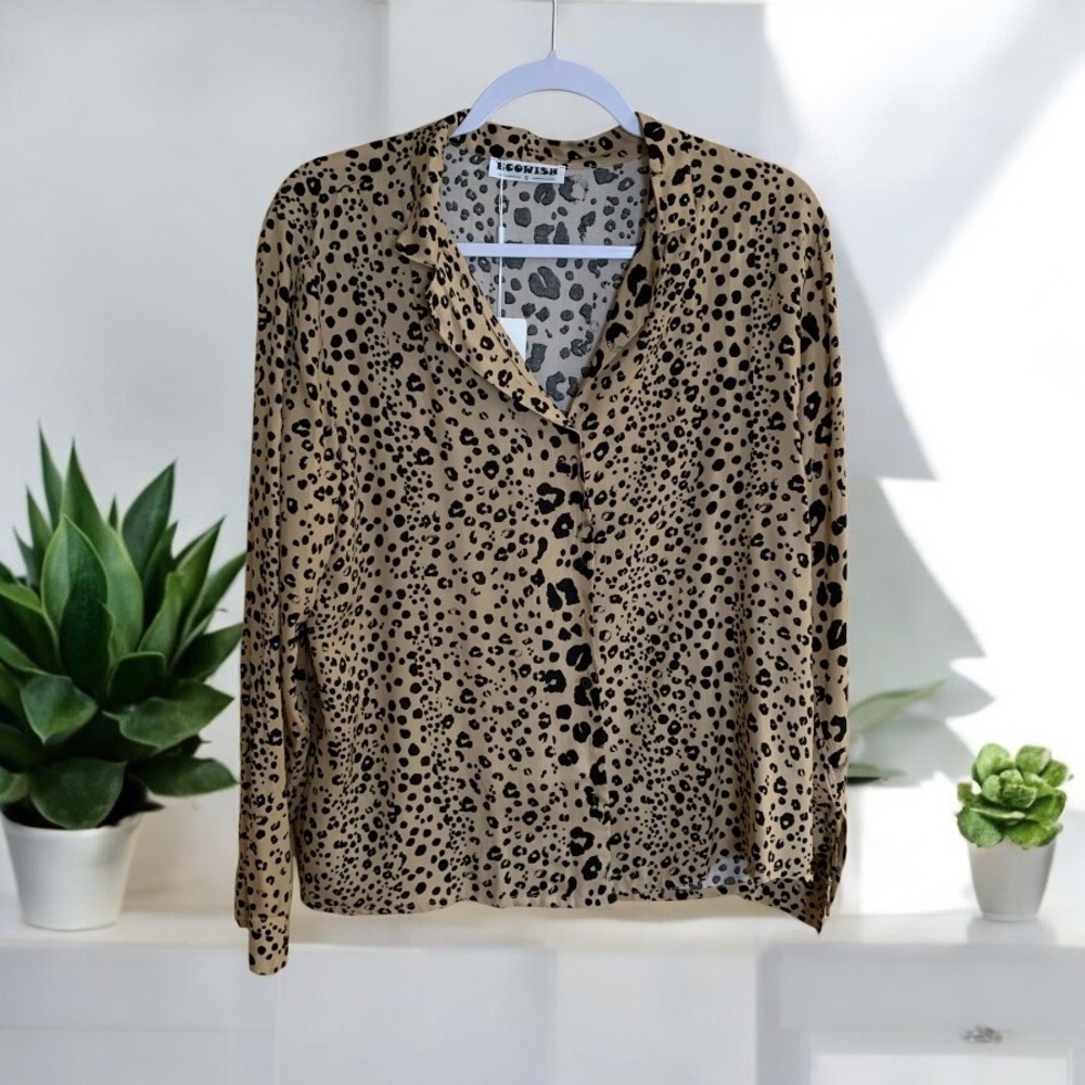 ECOWISH Leopard Print Blouse‎ Button Down Long Sleeve Top Shirt Small NWT
